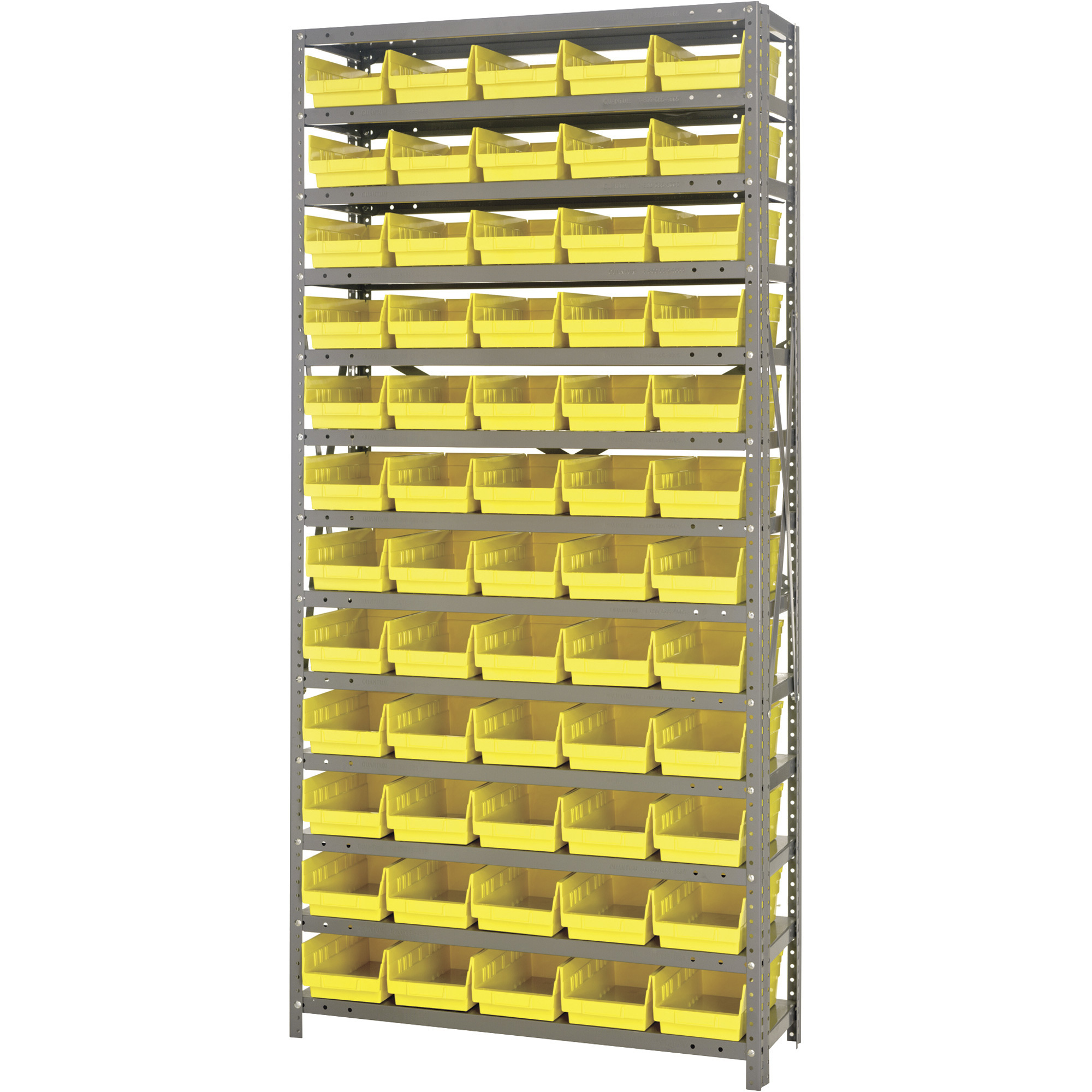 Quantum Storage Single Side Metal Shelving Unit With 60 Bins, 12in. x 36in. x 75in. Rack Size, Yellow, Model# 1275-102YL